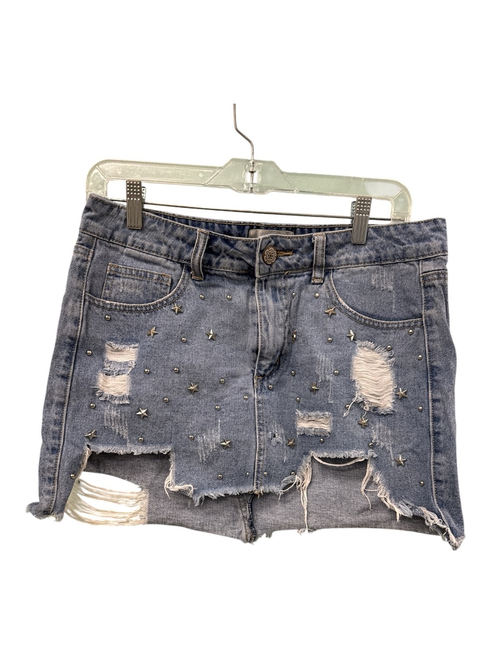 Studded Distressed Denim Mini Skirt - Blue
